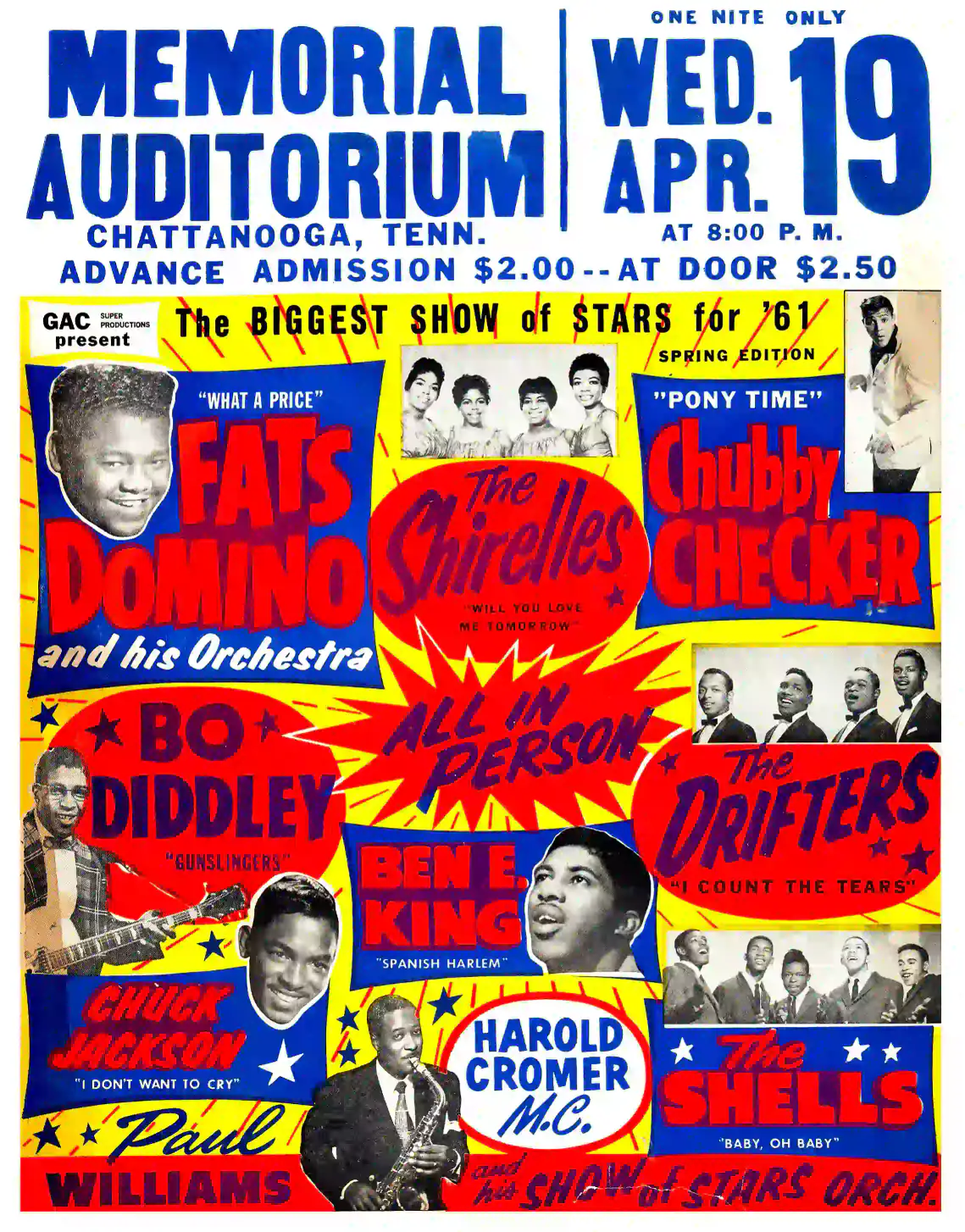 Fats Domino, Bo Diddley Biggest Show of Stars poster with white, red, and blue artwork and period lettering.