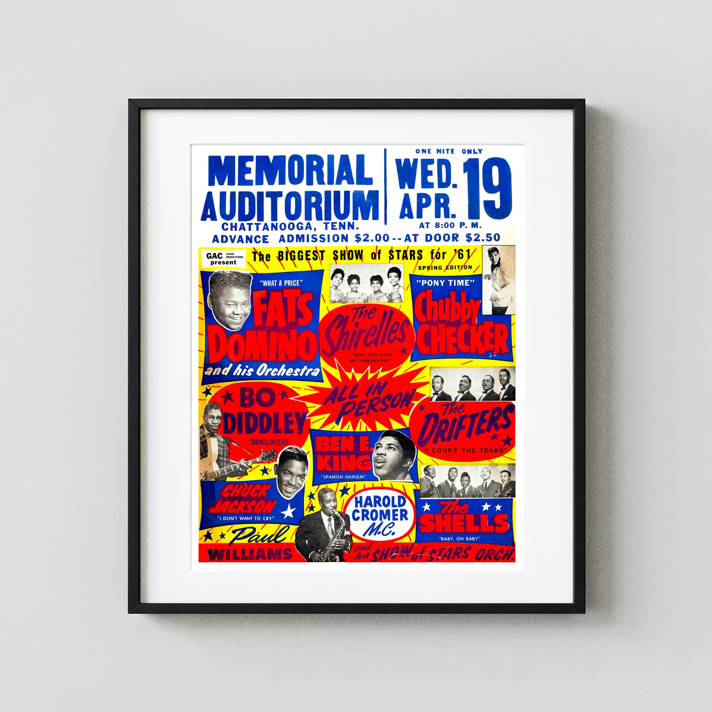Fats Domino, Bo Diddley Biggest Show of Stars poster with white, red, and blue artwork and period lettering.