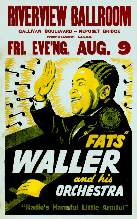 Fats Waller "Radio's Harmful Little Armful" poster with black, light gray, and yellow artwork and period lettering.