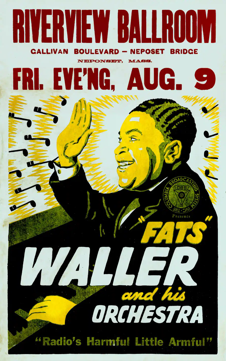Fats Waller "Radio's Harmful Little Armful" poster with black, light gray, and yellow artwork and period lettering.