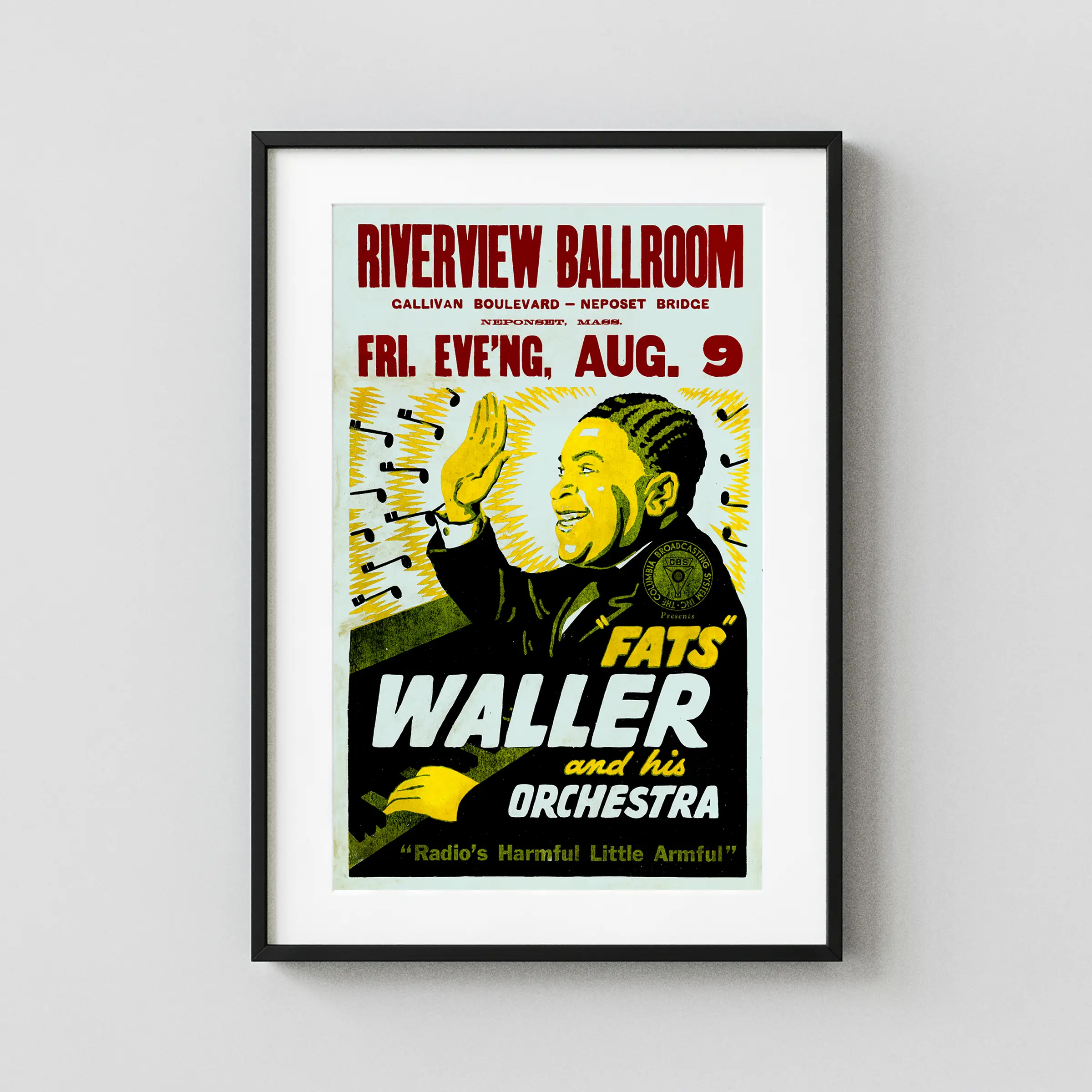 Fats Waller "Radio's Harmful Little Armful" poster with black, light gray, and yellow artwork and period lettering.