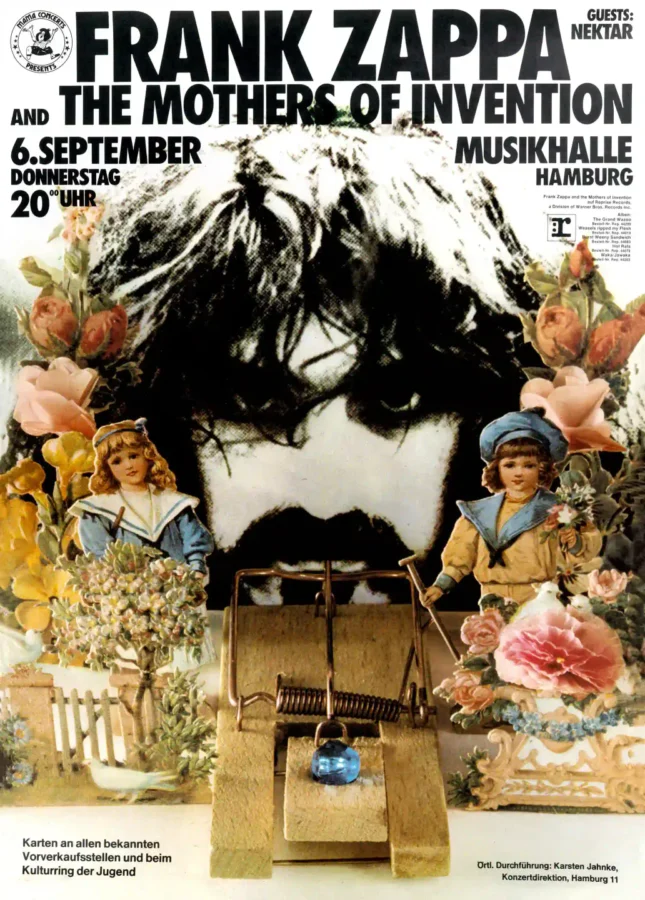 Frank Zappa & Mothers of Invention 1973 Hamburg, Germany Concert Poster featuring black, white, and cream vertical artwork.