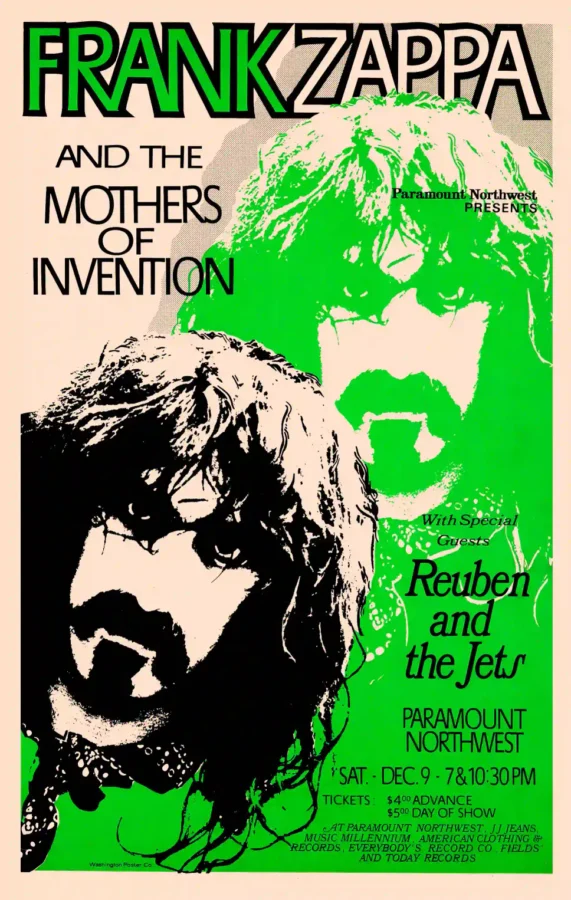 Frank Zappa, Reuben & the Jets Portland, OR Concert Poster featuring black, rose, and green vertical artwork.