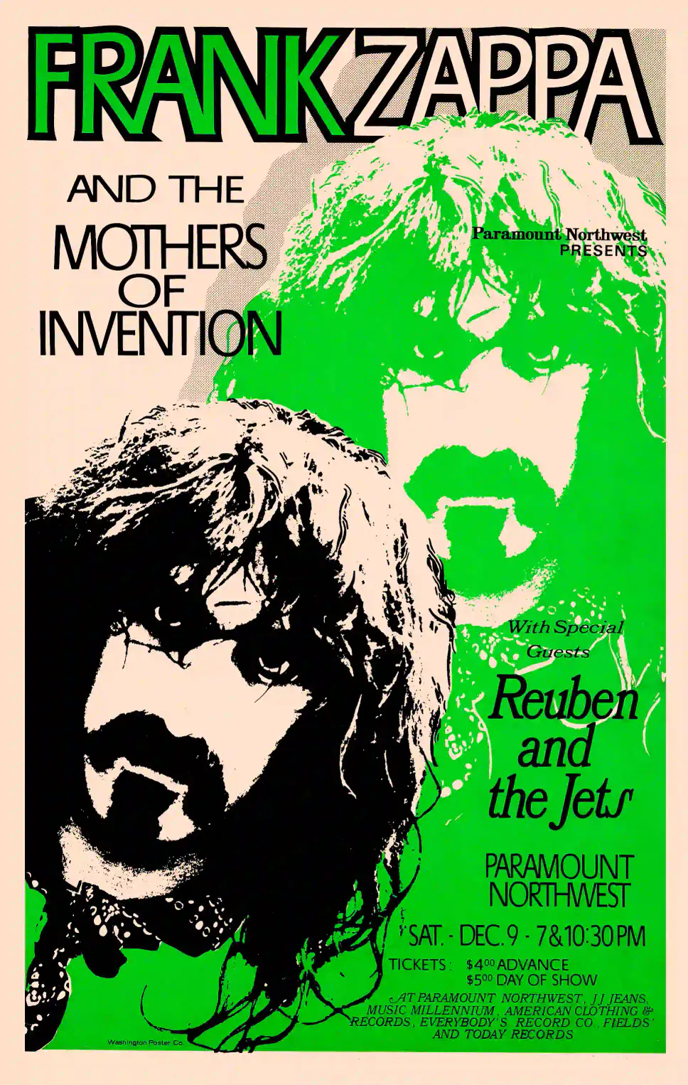 Frank Zappa, Reuben & the Jets Portland, OR Concert Poster featuring black, rose, and green vertical artwork.