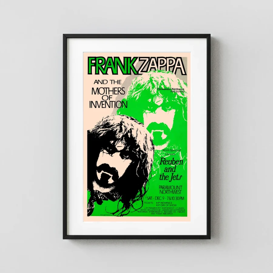 Frank Zappa, Reuben & the Jets Portland, OR Concert Poster featuring black, rose, and green vertical artwork.