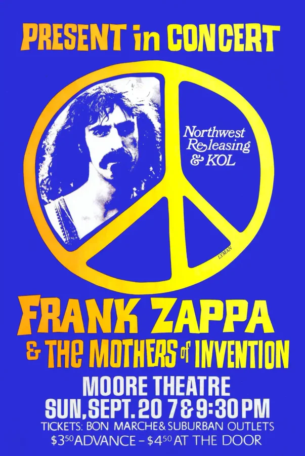 Frank Zappa and the Mothers of Invention 1970 Seattle, WA Concert Poster featuring blue and white vertical artwork.
