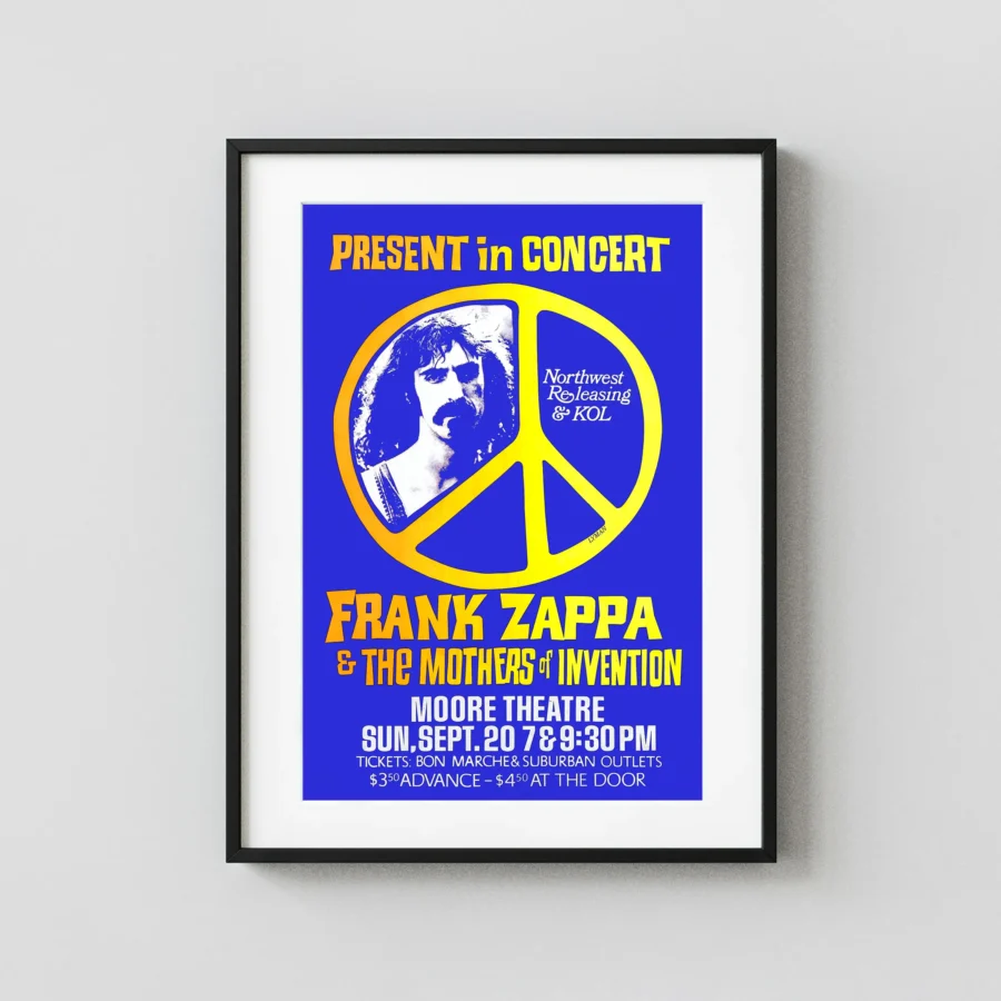 Frank Zappa and the Mothers of Invention 1970 Seattle, WA Concert Poster featuring blue and white vertical artwork.