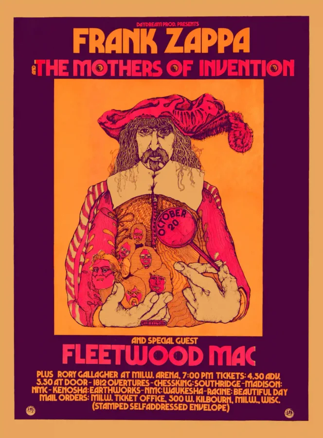 Frank Zappa and the Mothers of Invention poster with magenta, orange, and white artwork and period lettering.