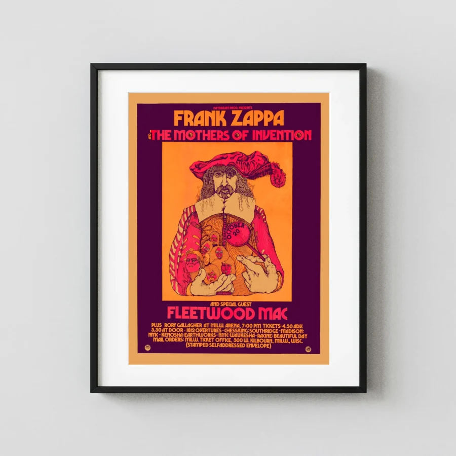 Frank Zappa and the Mothers of Invention poster with magenta, orange, and white artwork and period lettering.
