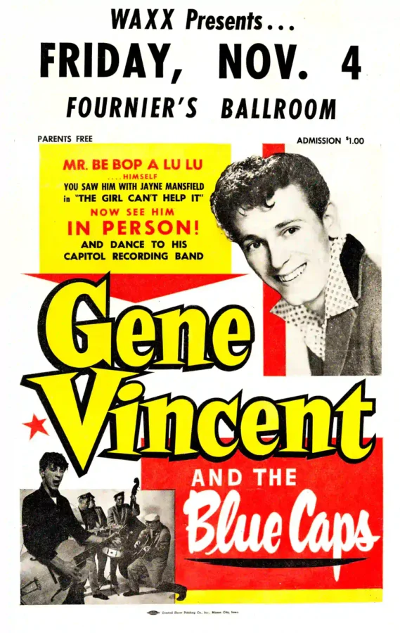 Gene Vincent 1960 Eau Claire, Wisconsin Art-Deco Concert Poster featuring white, yellow, and slate gray vertical artwork.