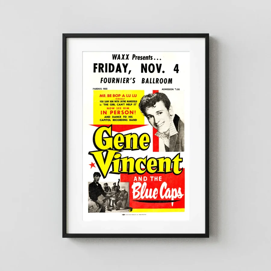 Gene Vincent 1960 Eau Claire, Wisconsin Art-Deco Concert Poster featuring white, yellow, and slate gray vertical artwork.