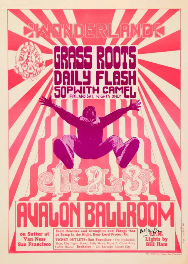 Grass Roots, Sopwith Camel 1966 Avalon Poster featuring rose, orange, and red vertical artwork.