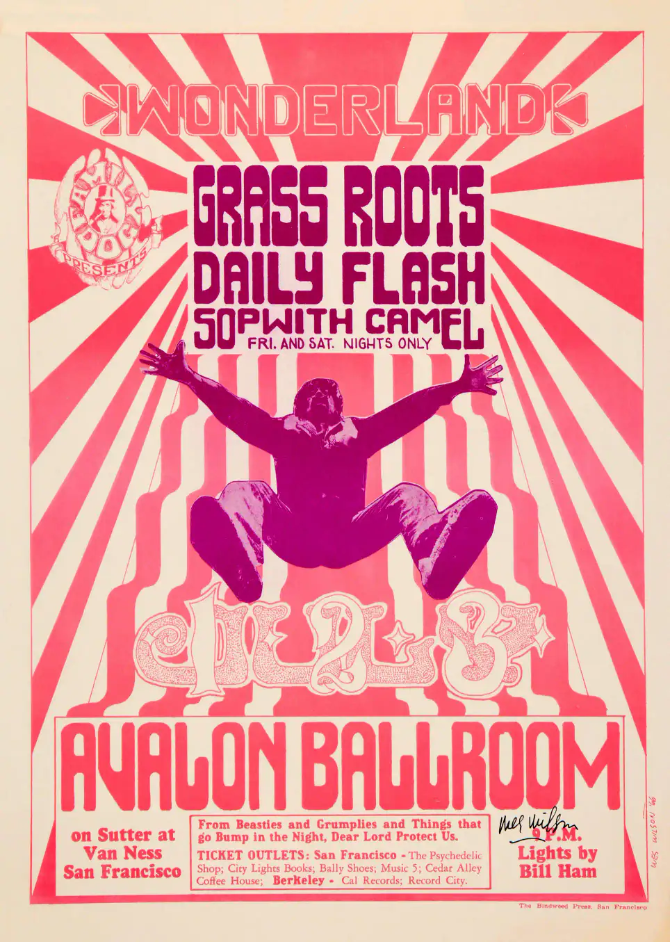 Grass Roots, Sopwith Camel 1966 Avalon Poster featuring rose, orange, and red vertical artwork.
