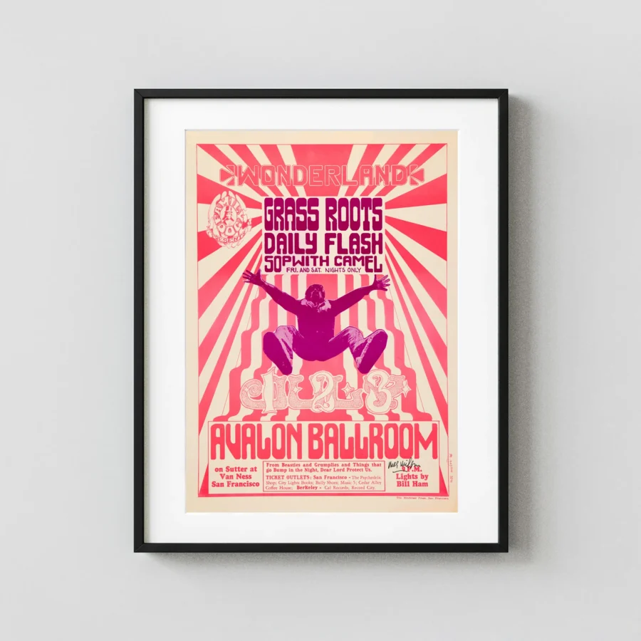 Grass Roots, Sopwith Camel 1966 Avalon Poster featuring rose, orange, and red vertical artwork.