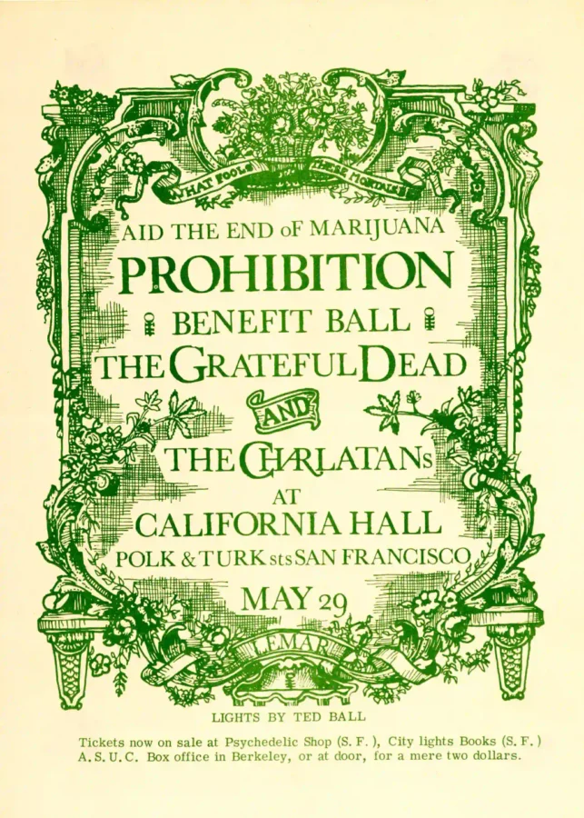 Grateful Dead poster with cream, green, and deep green artwork and period lettering.
