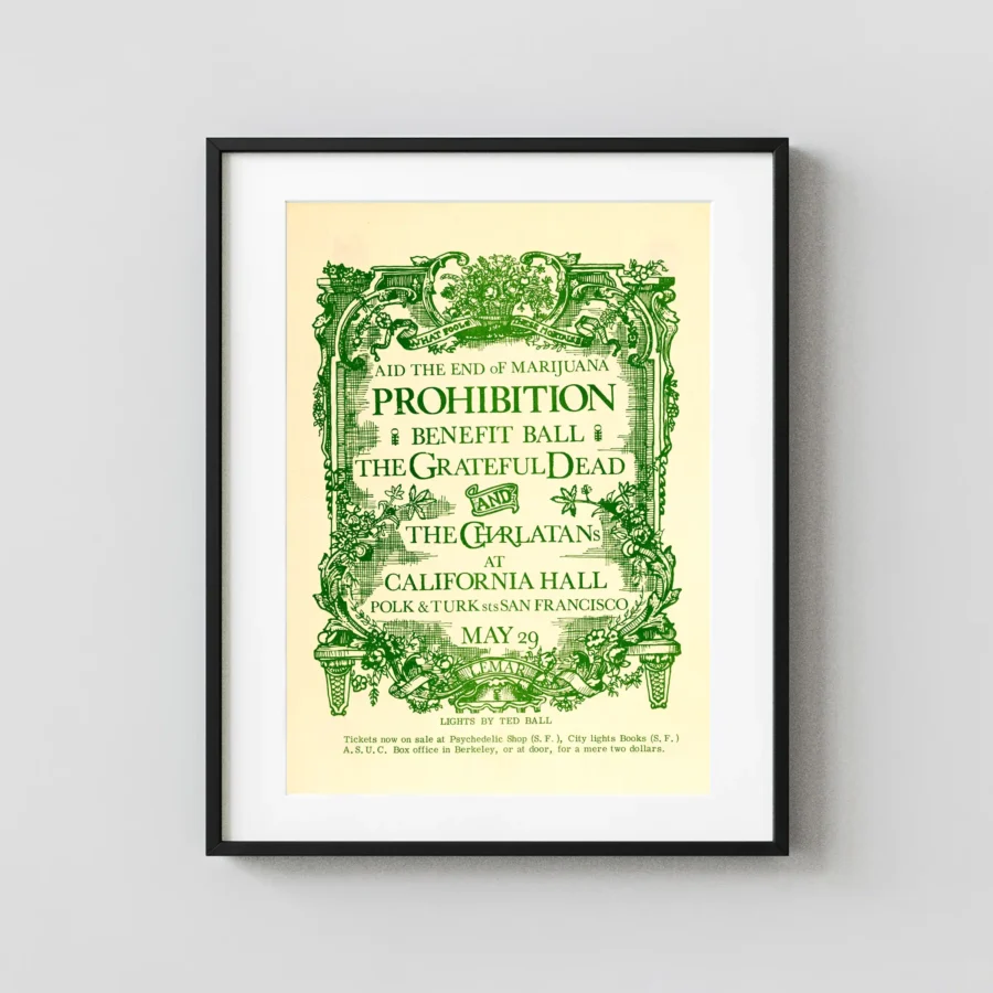 Grateful Dead poster with cream, green, and deep green artwork and period lettering.