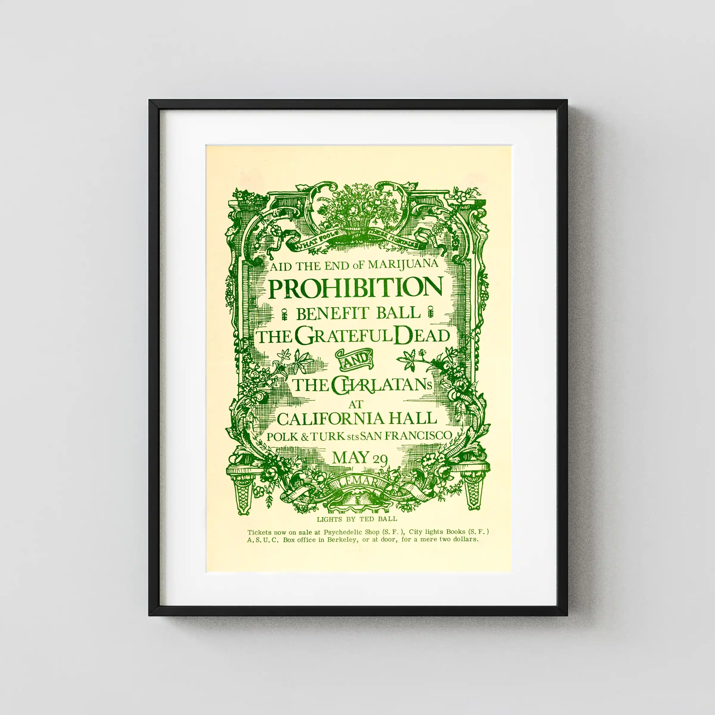 Grateful Dead poster with cream, green, and deep green artwork and period lettering.