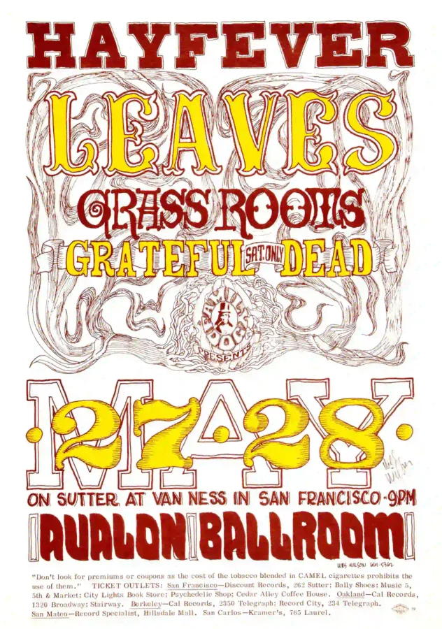 Grateful Dead 1966 "Hayfever" Concert Poster featuring white, rose, and red vertical artwork.