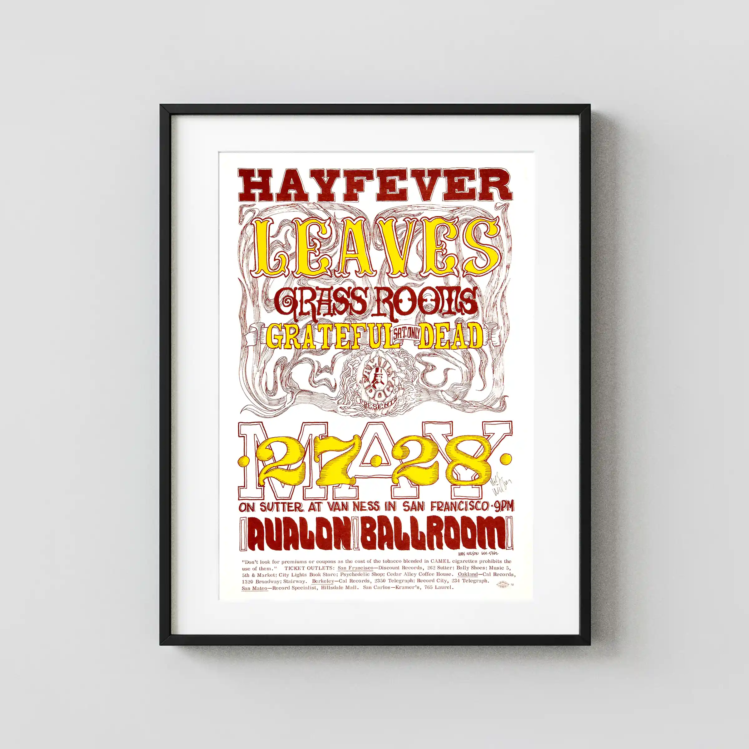 Grateful Dead 1966 "Hayfever" Concert Poster featuring white, rose, and red vertical artwork.