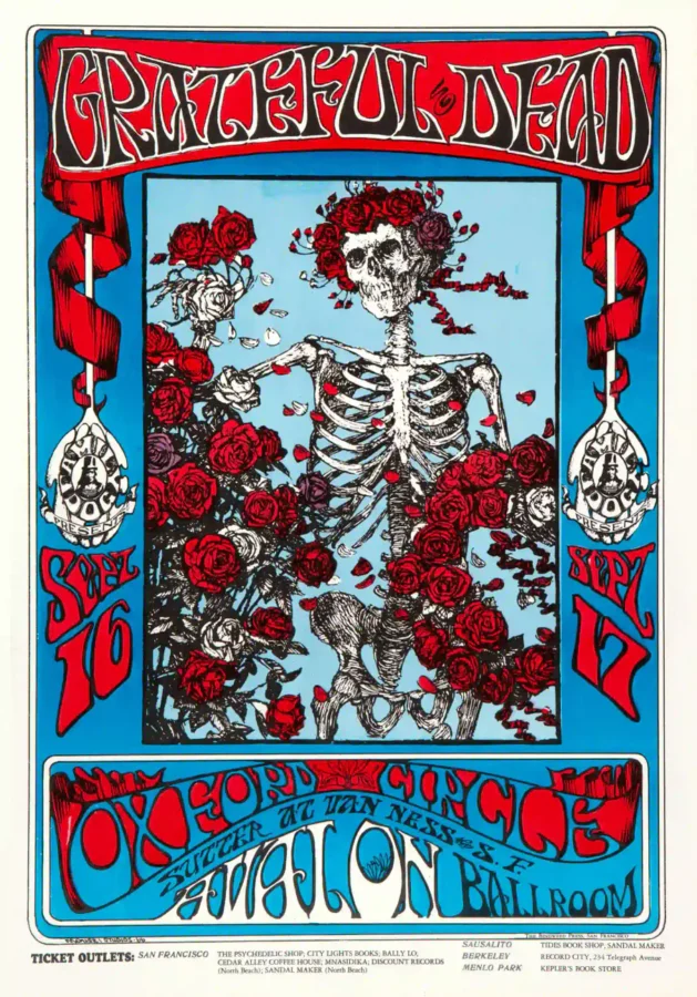 Grateful Dead 1966 "Skeleton & Roses" Concert Poster featuring white, gray, and teal vertical artwork.