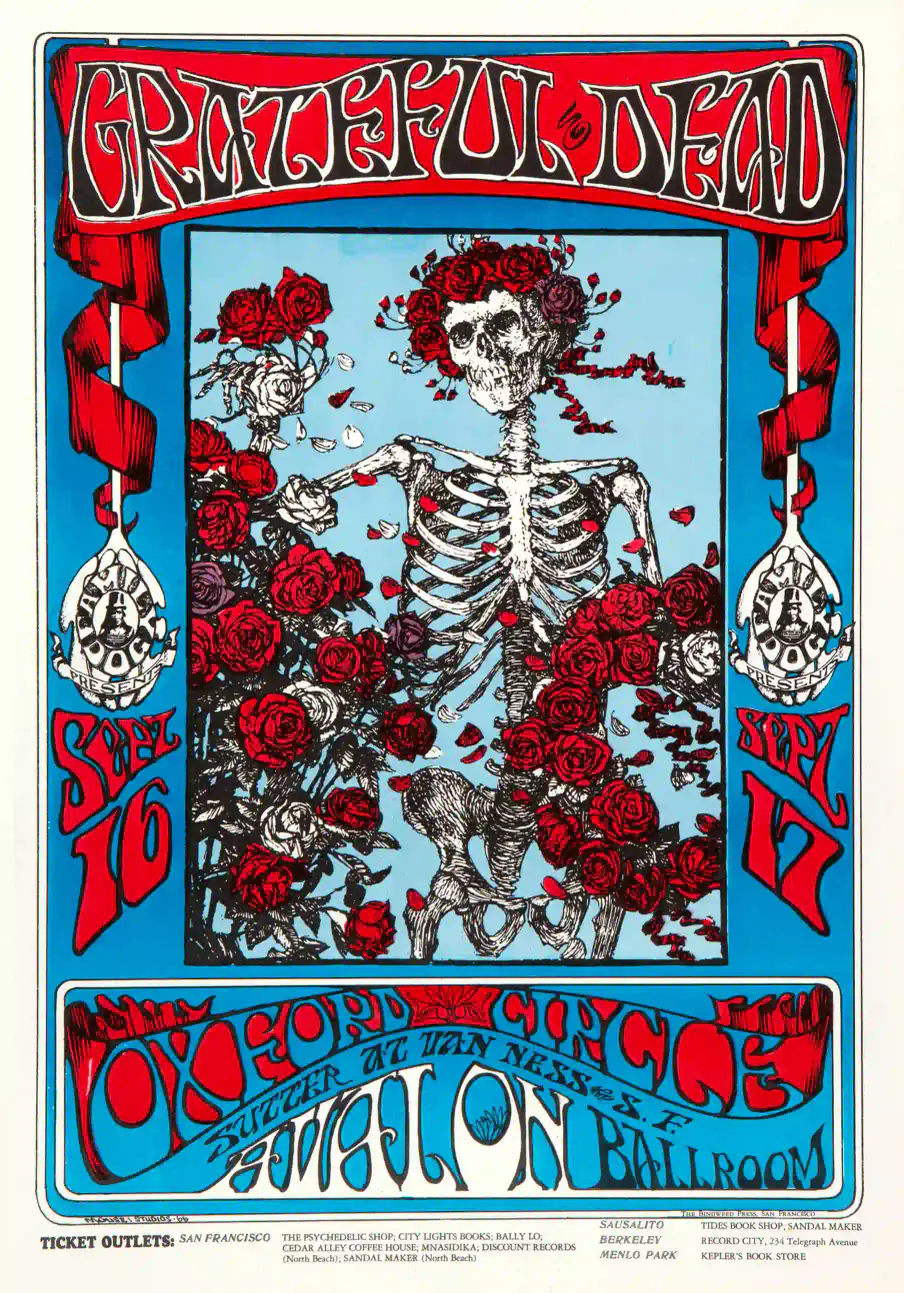 Grateful Dead 1966 "Skeleton & Roses" Concert Poster featuring white, gray, and teal vertical artwork.