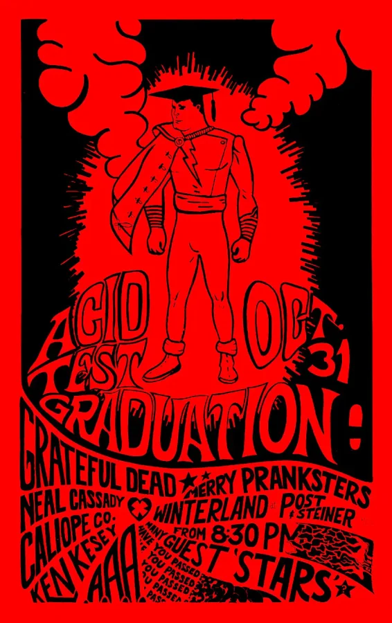 Grateful Dead 1966 Acid Test Graduation Poster featuring red, black, and rose vertical artwork.