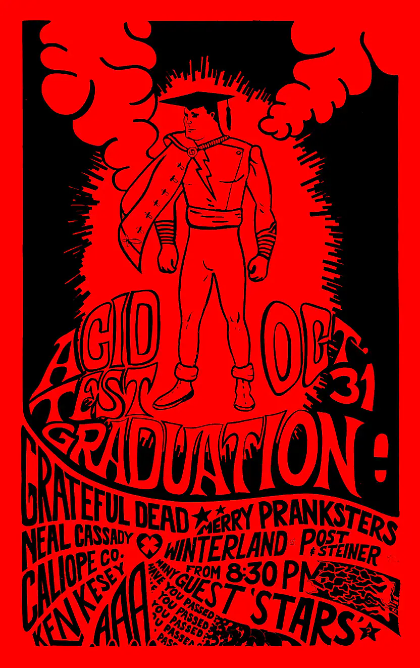 Grateful Dead 1966 Acid Test Graduation Poster featuring red, black, and rose vertical artwork.