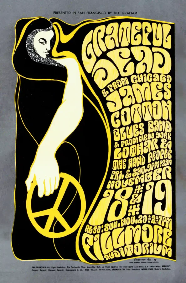 Grateful Dead 1966 Fillmore Auditorium Concert Poster featuring black, gray, and yellow vertical artwork.