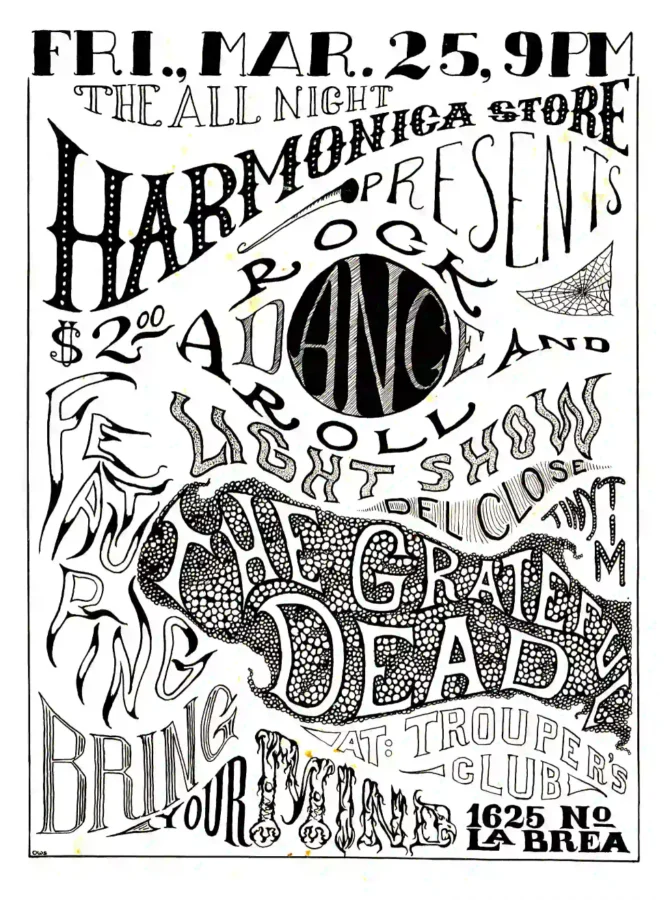 Grateful Dead 1966 Los Angeles Acid Test-Related Concert Poster featuring white, light gray, and gray vertical artwork.