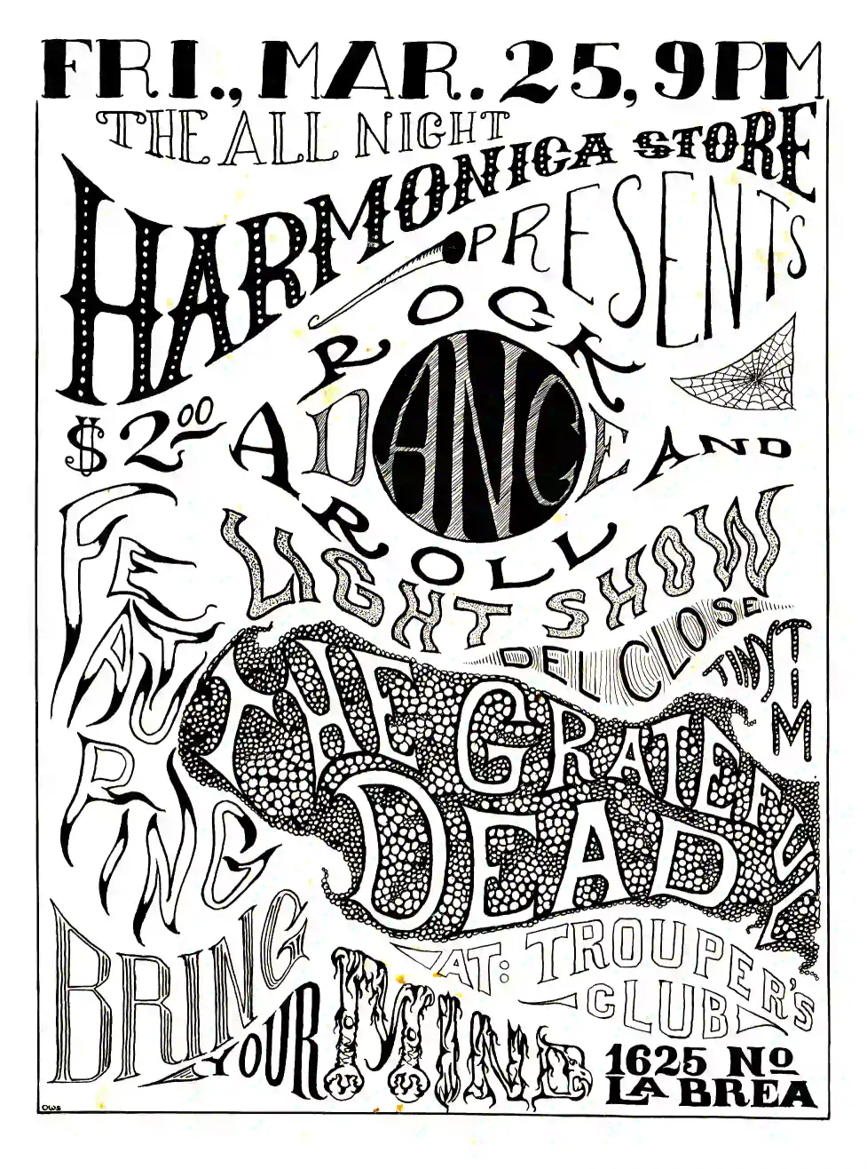 Grateful Dead 1966 Los Angeles Acid Test-Related Concert Poster featuring white, light gray, and gray vertical artwork.