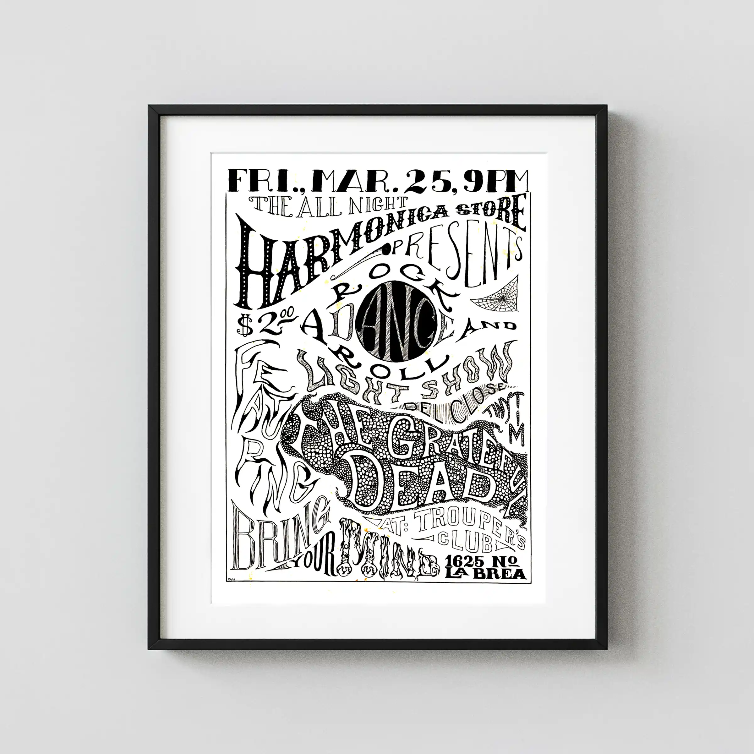 Grateful Dead 1966 Los Angeles Acid Test-Related Concert Poster featuring white, light gray, and gray vertical artwork.