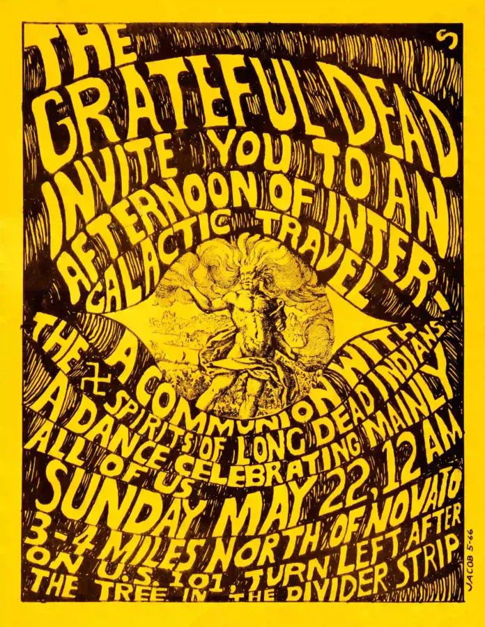 Grateful Dead 1966 Novato, CA "Intergalactic Travel" Handbill Music Poster featuring yellow and brown vertical artwork.