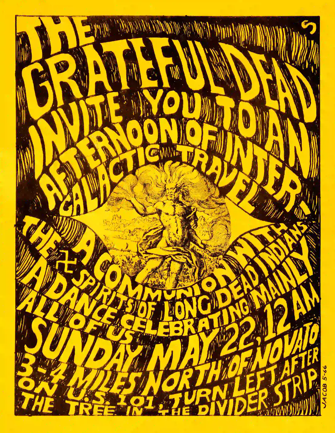 Grateful Dead 1966 Novato, CA "Intergalactic Travel" Handbill Music Poster featuring yellow and brown vertical artwork.