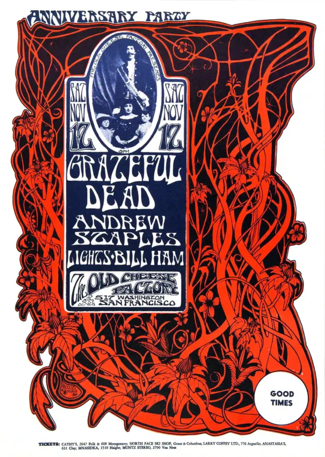 Grateful Dead 1966 One-Year Anniversary Party Concert Poster featuring white, burgundy, and red vertical artwork.