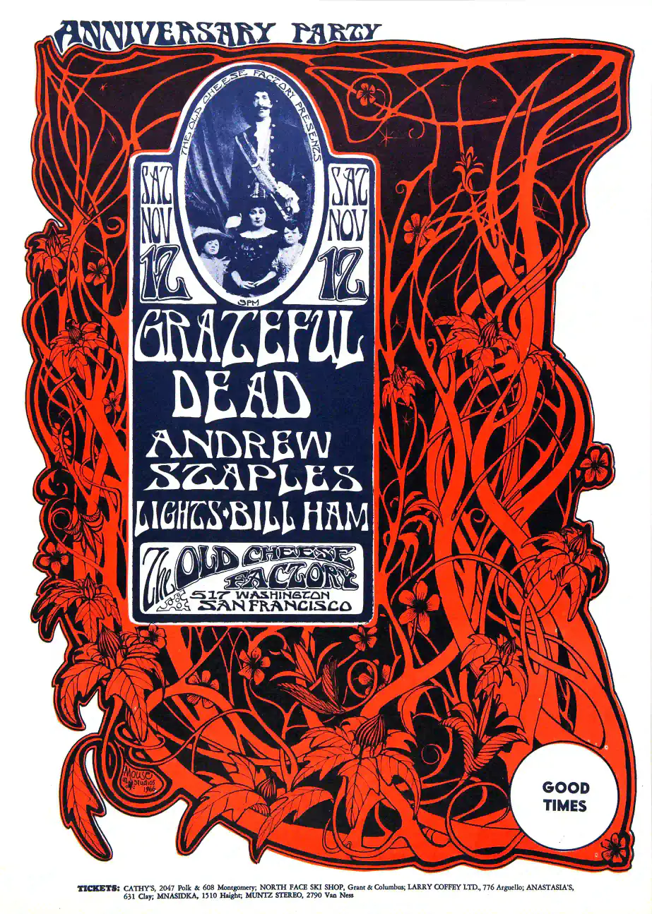 Grateful Dead 1966 One-Year Anniversary Party Concert Poster featuring white, burgundy, and red vertical artwork.