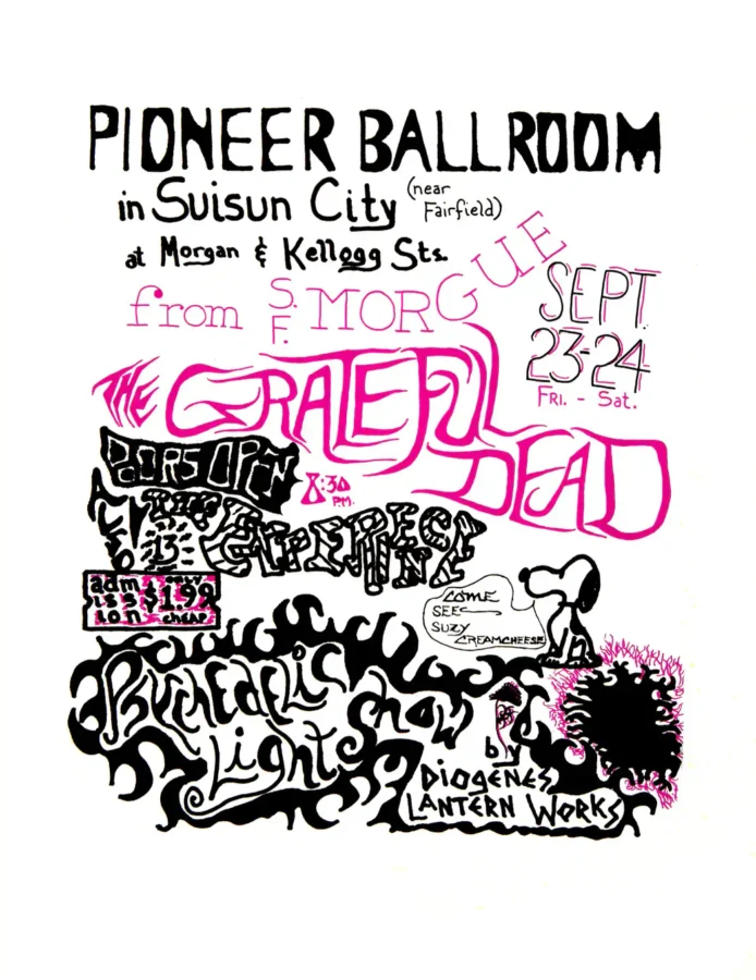 Grateful Dead 1966 Pioneer Ballroom Suisun City, CA Poster featuring white, light gray, and gray vertical artwork.