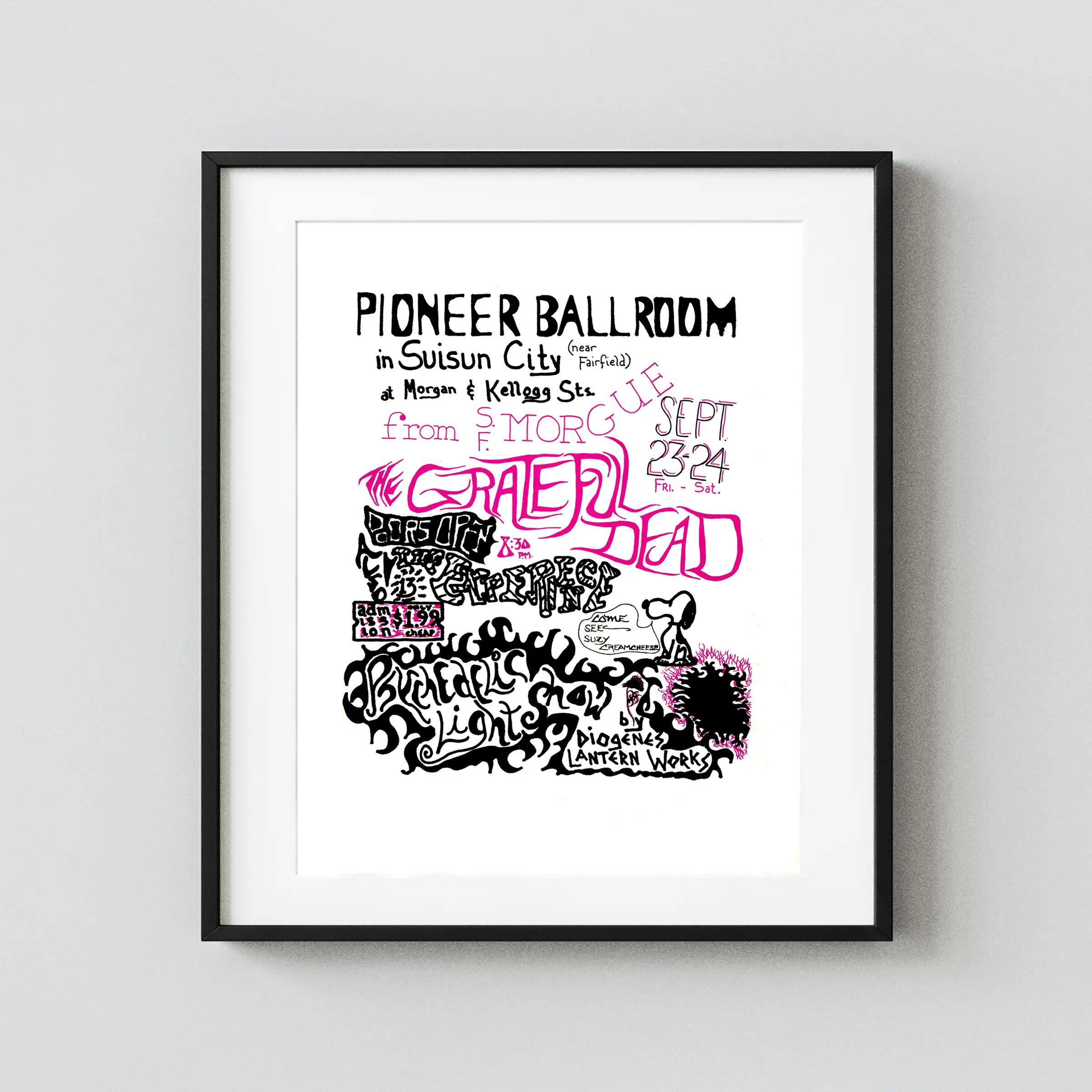 Grateful Dead 1966 Pioneer Ballroom Suisun City, CA Poster featuring white, light gray, and gray vertical artwork.