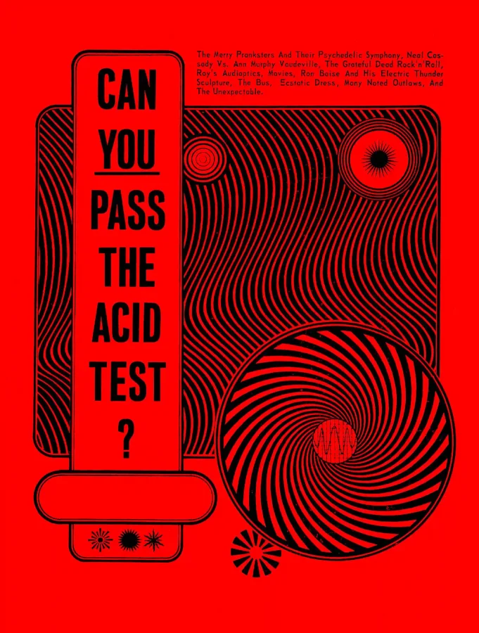 Grateful Dead 1966 Red Day-Glo Acid Test Music Poster featuring red, burgundy, and white vertical artwork.