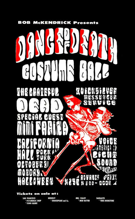 Grateful Dead 1966 San Francisco "Dance of Death" Concert Poster featuring black, gray, and charcoal vertical artwork.