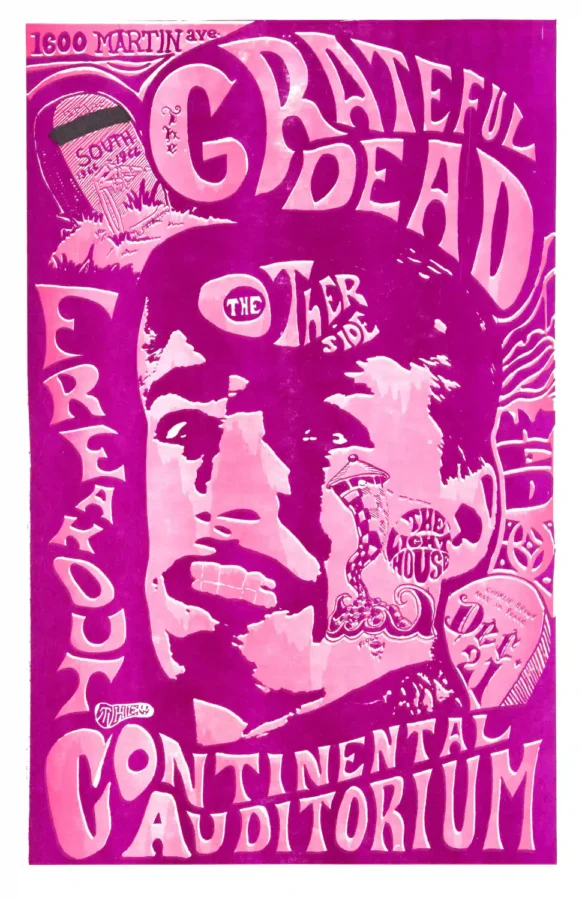 Grateful Dead 1966 Santa Clara, CA "Freak Out" Concert Poster featuring white, magenta, and pink vertical artwork.