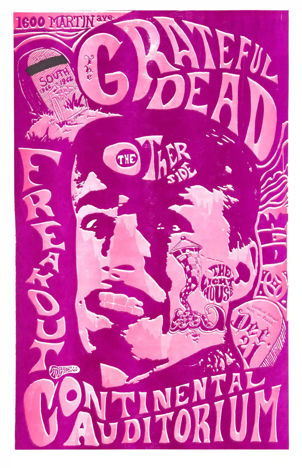 Grateful Dead 1966 Santa Clara, CA "Freak Out" Concert Poster featuring white, magenta, and pink vertical artwork.
