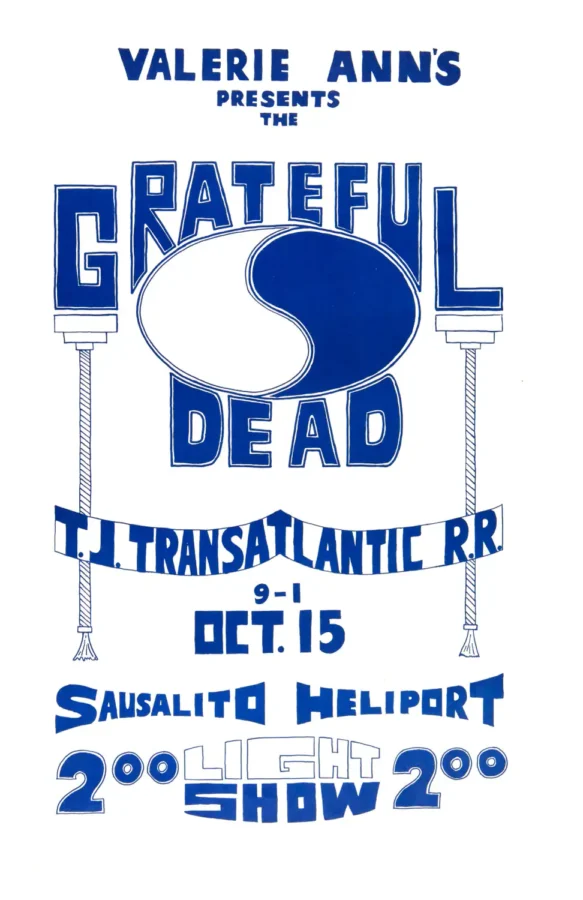 Grateful Dead 1966 Sausalito, CA Heliport Concert Poster featuring white and blue vertical artwork.