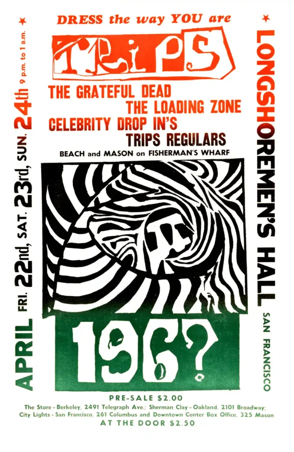 Grateful Dead poster with white, gray, and light gray artwork and period lettering.