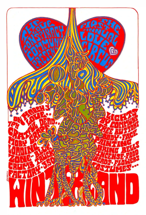 Grateful Dead 1967 "Love Circus" San Francisco Winterland Concert Poster featuring white, red, and orange vertical artwork.