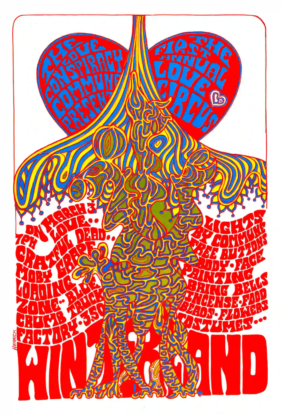 Grateful Dead 1967 "Love Circus" San Francisco Winterland Concert Poster featuring white, red, and orange vertical artwork.