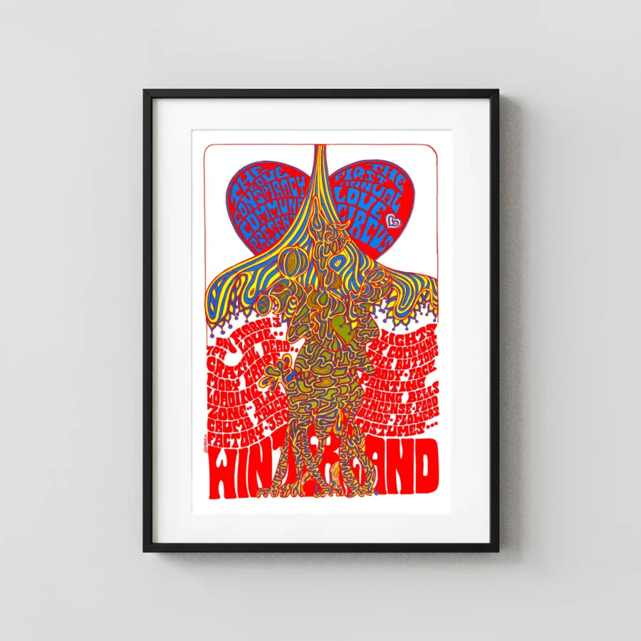 Grateful Dead 1967 "Love Circus" San Francisco Winterland Concert Poster featuring white, red, and orange vertical artwork.