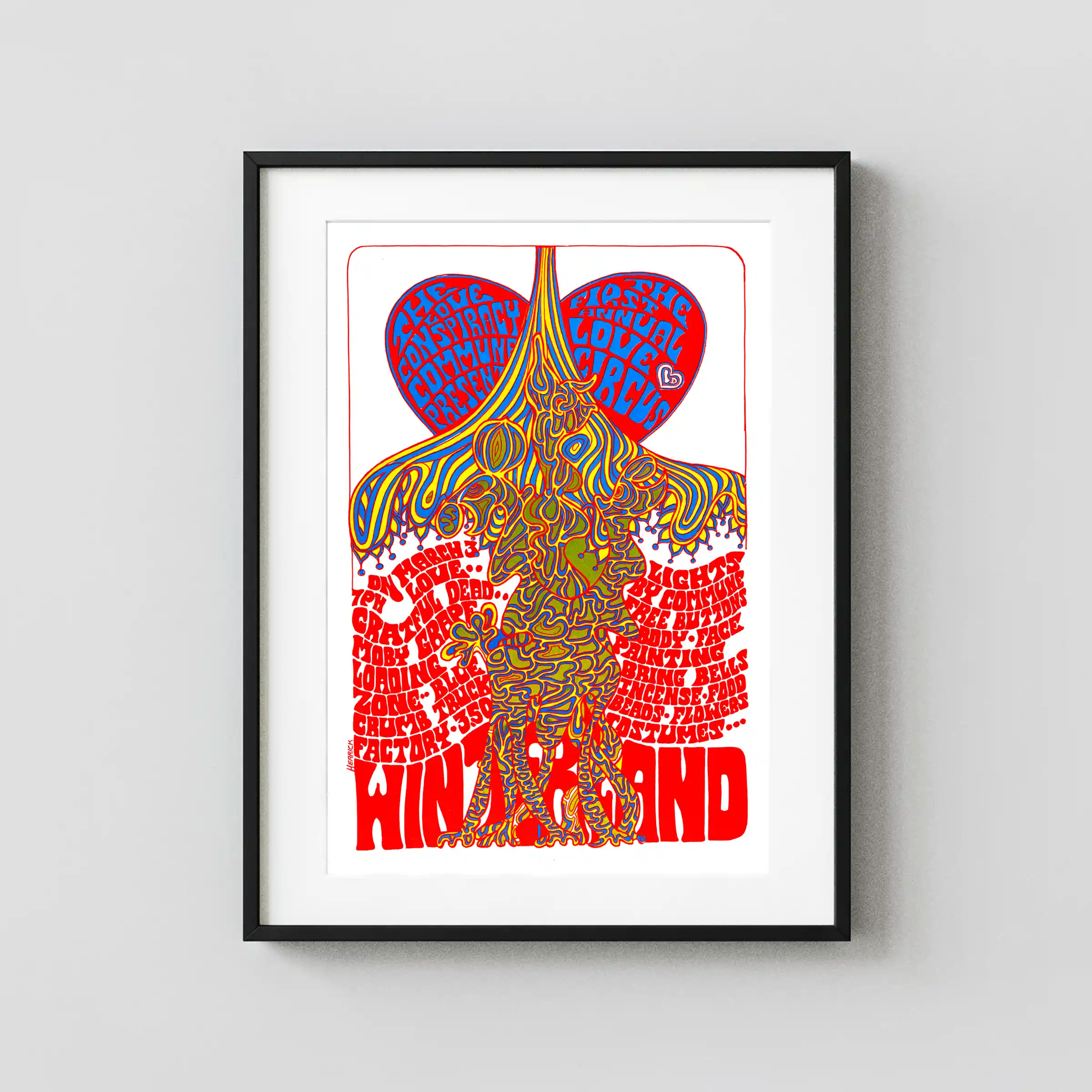 Grateful Dead 1967 "Love Circus" San Francisco Winterland Concert Poster featuring white, red, and orange vertical artwork.
