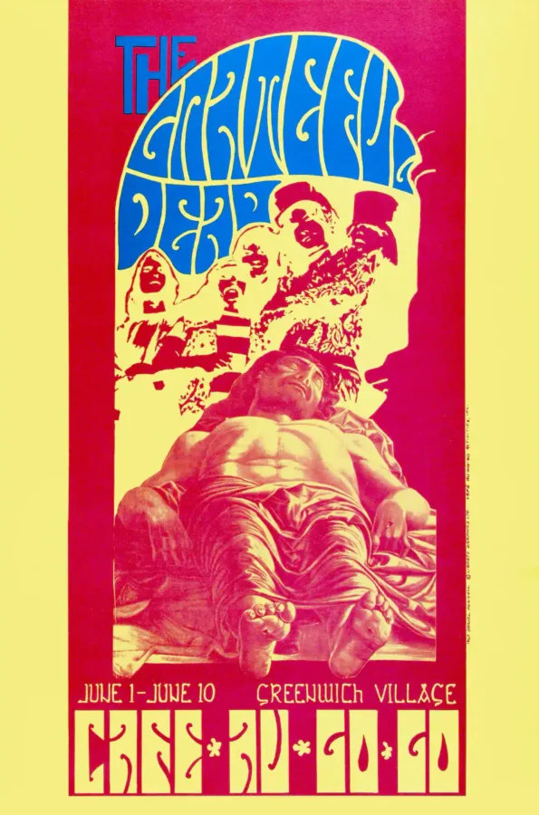 Grateful Dead 1967 Café-Au-Go-Go New York City Concert Poster featuring cream, magenta, and orange vertical artwork.