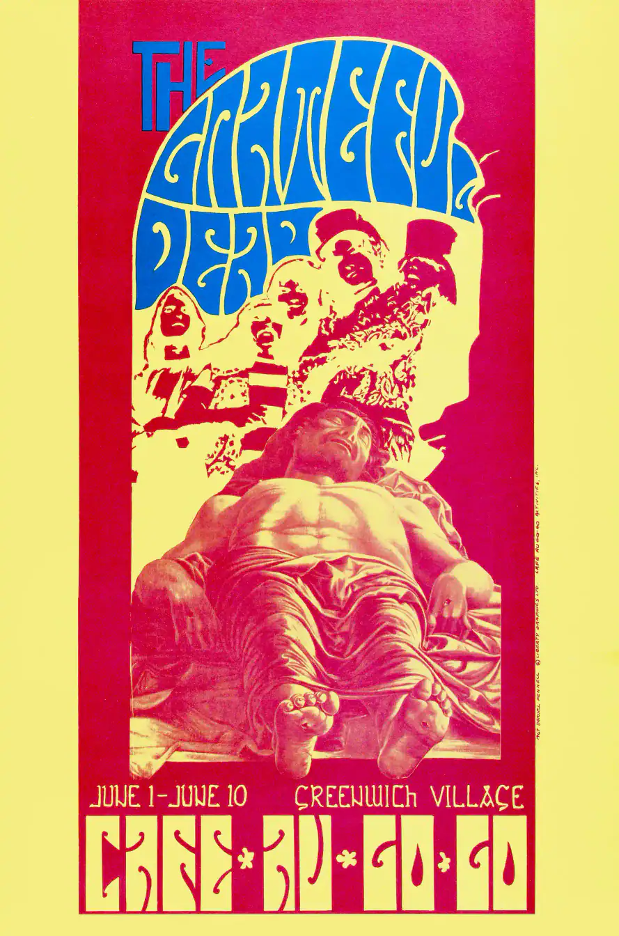 Grateful Dead 1967 Café-Au-Go-Go New York City Concert Poster featuring cream, magenta, and orange vertical artwork.