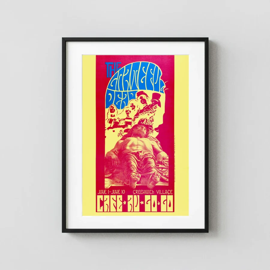 Grateful Dead 1967 Café-Au-Go-Go New York City Concert Poster featuring cream, magenta, and orange vertical artwork.